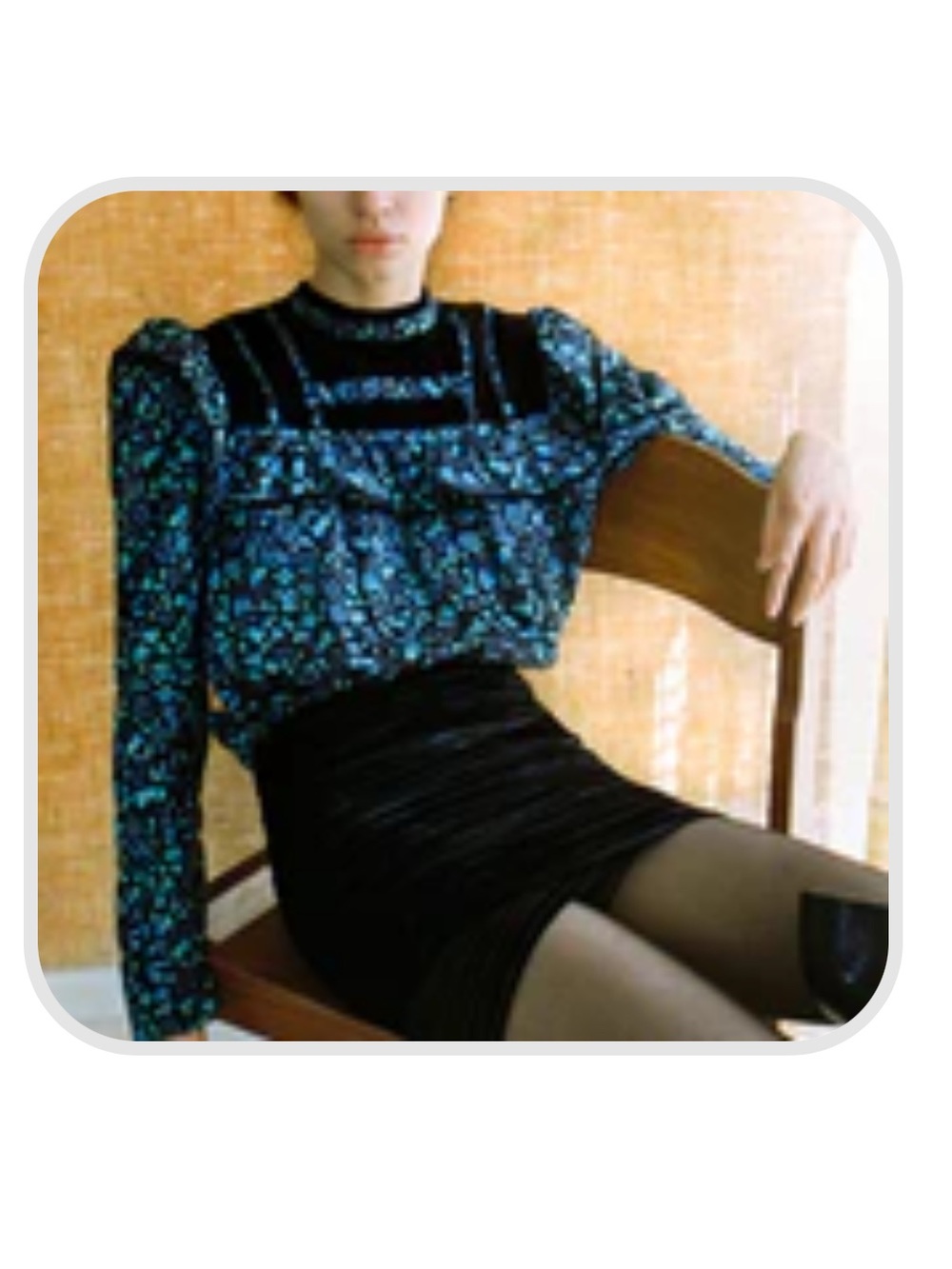 Sabina Musayev Aya Top - Black with Teal Floral Print & Velvet accents - Size S